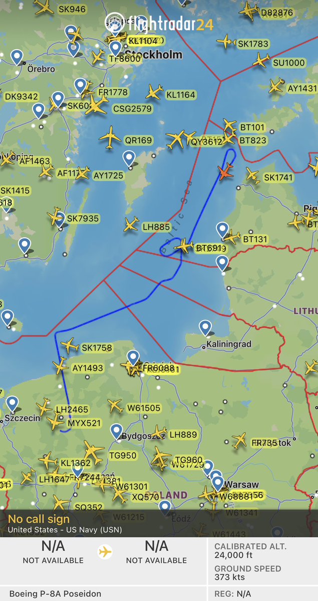 HamWa07's tweet photo. US Navy P-8 #AE680F keeping an eye on the Baltic Sea. https://t.co/i4FAdzTRon