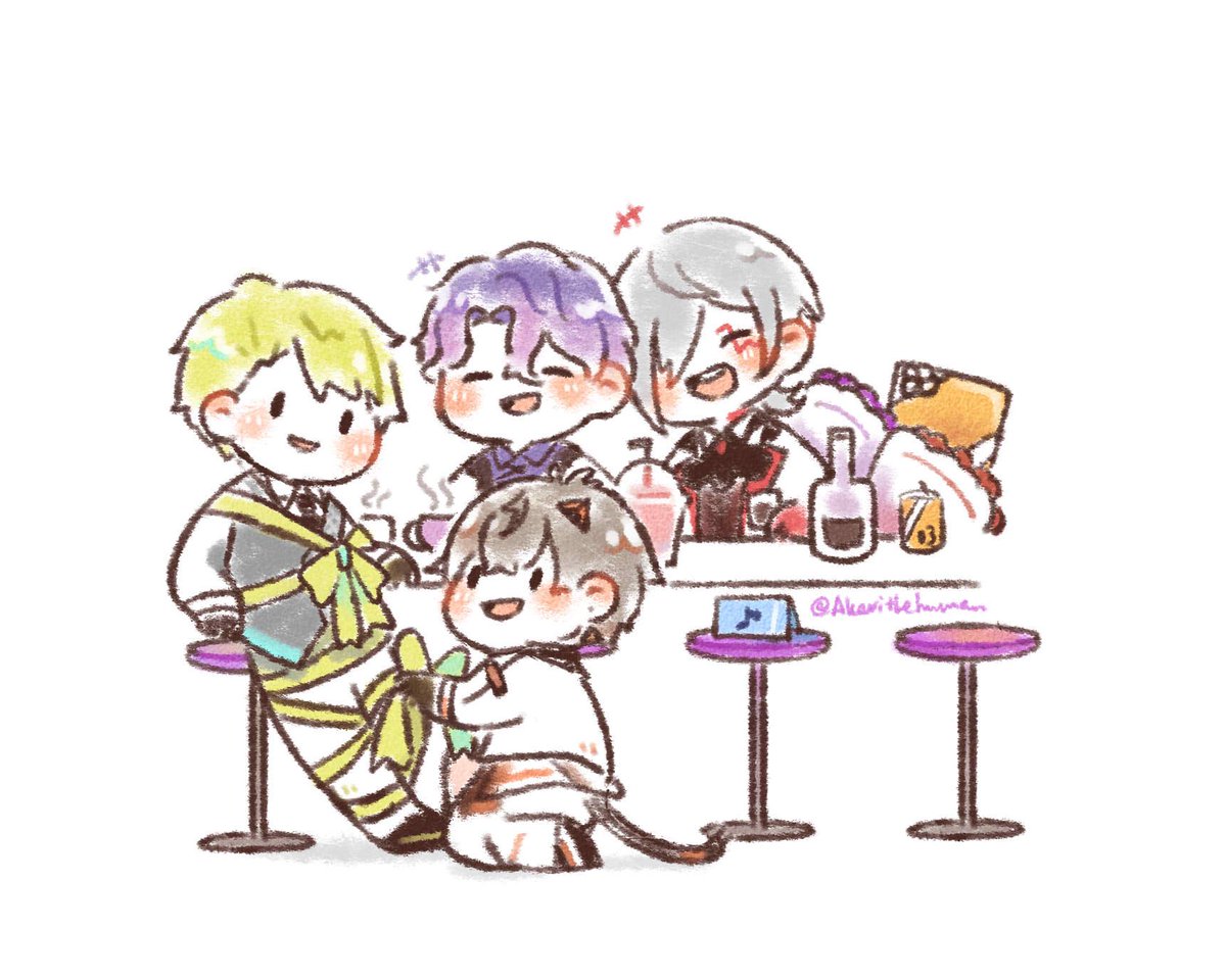 multiple boys cup chibi male focus stool purple hair green hair  illustration images