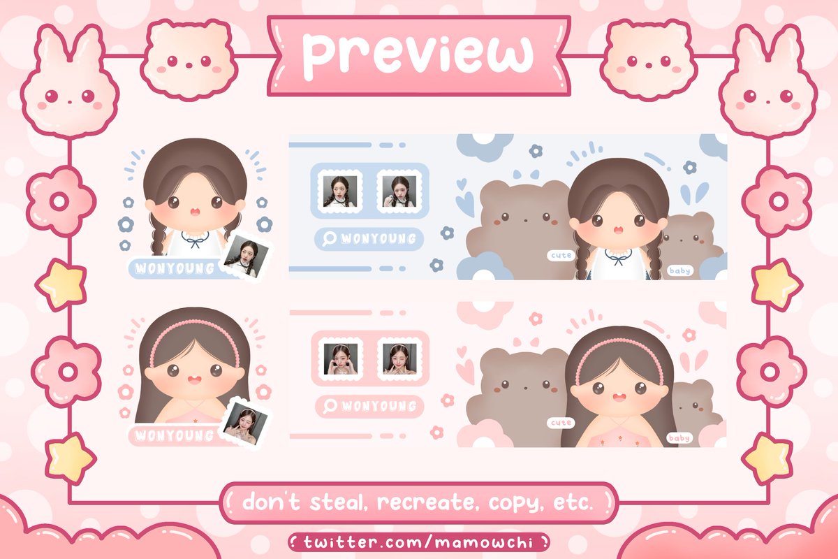 Help RT? Makasih! ♡

Hai! Aku ada layout ready stock chibi hand drawn! Ada Wonyoung IVE (2) dan Hanni Newjeans (2) dengan harga 18K/layout. ♡

Ava dapet JPG dan PNG. Buat yang berminat bisa langsung chat di DM/WA/Tele, link di bio. Detail layout ada di tweet bawah. ♡
#zonauang