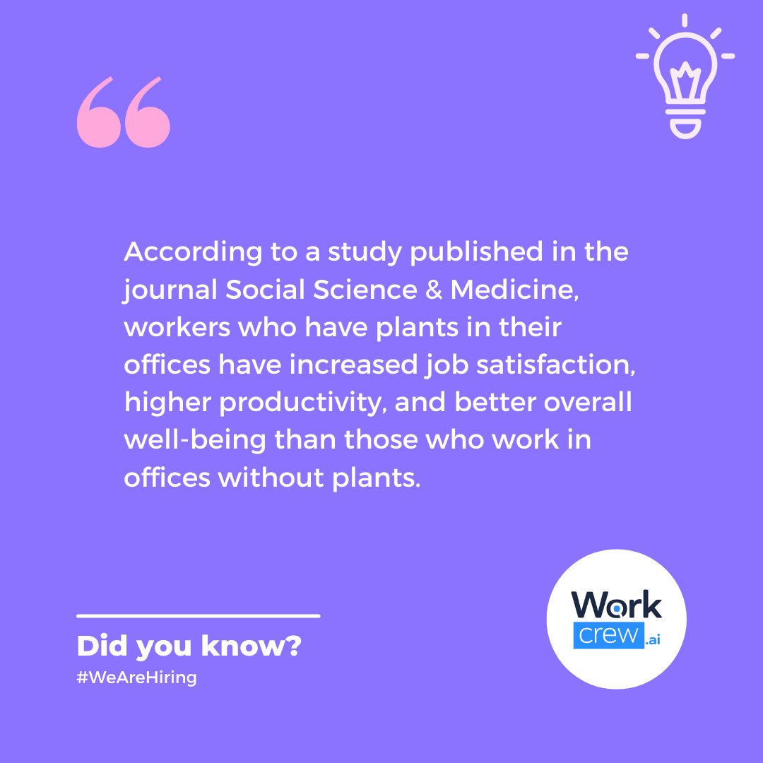 Workcrew_ai's tweet photo. 🌱🏢 Boost your productivity and happiness at work by adding plants to your office space! 🌞🌿
#HappyOffice #WorkLifeBalance #GreenThumb 🌻
🌟 We are hiring! Follow & Join WorkCrew for Tech Job Updates: https://t.co/uG6u8kMoAK
#hiring #work #job #tech #productivity #happiness https://t.co/BLf646vKiA