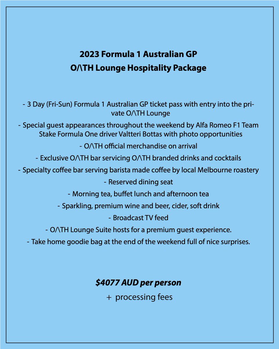 tiffanycromwell's tweet photo. π TICKETS AVAILABLE π
Limited number of O/\TH Lounge tickets now available for our private trackside hospitality at the 2023 Australian GP!
For more information and to purchase tickets. Hit the Link below ‡οΈ
@oathgin #oathlounge #thisismyoath #f1
https://t.co/9OBjBti37R https://t.co/3B8Y7ZlQ6m