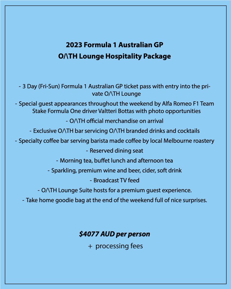 🏁 TICKETS AVAILABLE 🏁

Limited number of O/\TH Lounge tickets now available for our private trackside hospitality at the 2023 Australian GP! 

For more information and to purchase tickets. Hit the Link below ⤵️

@oathgin #oathlounge #thisismyoath #f1

events.eventzilla.net/e/oath-lounge-…