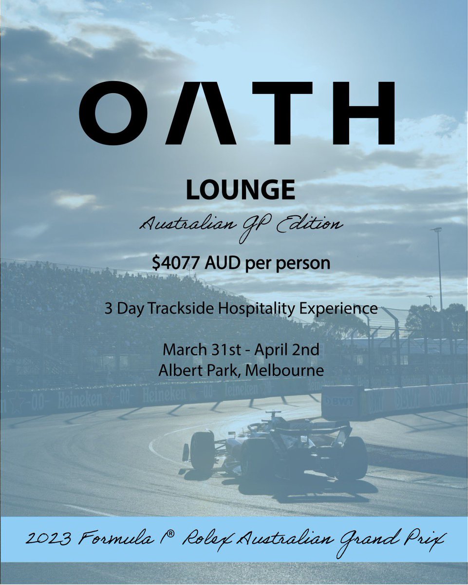 tiffanycromwell's tweet photo. π TICKETS AVAILABLE π
Limited number of O/\TH Lounge tickets now available for our private trackside hospitality at the 2023 Australian GP!
For more information and to purchase tickets. Hit the Link below ‡οΈ
@oathgin #oathlounge #thisismyoath #f1
https://t.co/9OBjBti37R https://t.co/3B8Y7ZlQ6m