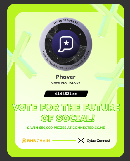 Just voted for my favorite project Phaver in #Connected2023, a Web3 Social hackathon by <a href="/CyberConnectHQ/">(Deprecated) CyberConnect</a> the social graph protocol &amp; <a href="/BNBCHAIN/">BNB Chain</a>
Join me to vote for a better social and win $50,000-$100,000 prizes!
connected.cc.me
sig:iqpUtO 
  x.com/CyberConnectHQ…