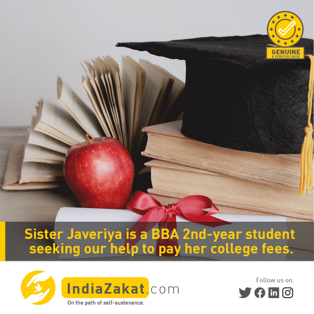 TheIndiaZakat's tweet photo. Sister Javeriya is a BBA 2nd year student &amp; needs our help to pay the pending fees. Her father is the only earning member of the family. He is not able to afford her education fees and hence she needs our help to clear the pending fees.

Donate today at https://t.co/SmQxDLSGu3 https://t.co/EvkR4UjwUm