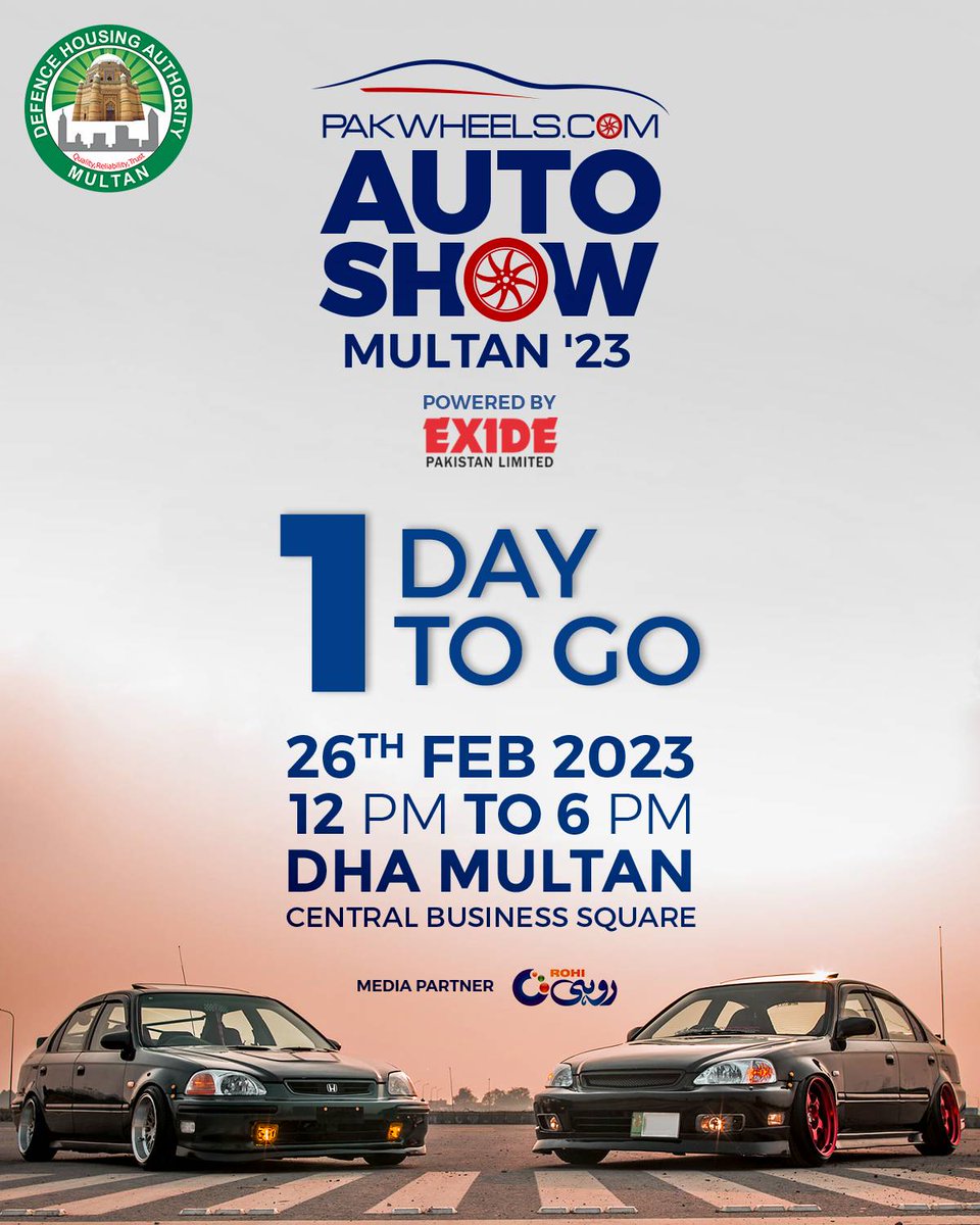 PakWheels's tweet photo. 1 Day to go for PakWheels Multan Auto Show happening this Sunday, 26th February 2023 at DHA Multan, Central Business Square.
Timings: 12:00 pm - 6:00 pm
Ride Submission Link: https://t.co/FeBh6UWcWY
#pakwheels #multanautoshow #autoshow https://t.co/9HvrE2eKiH