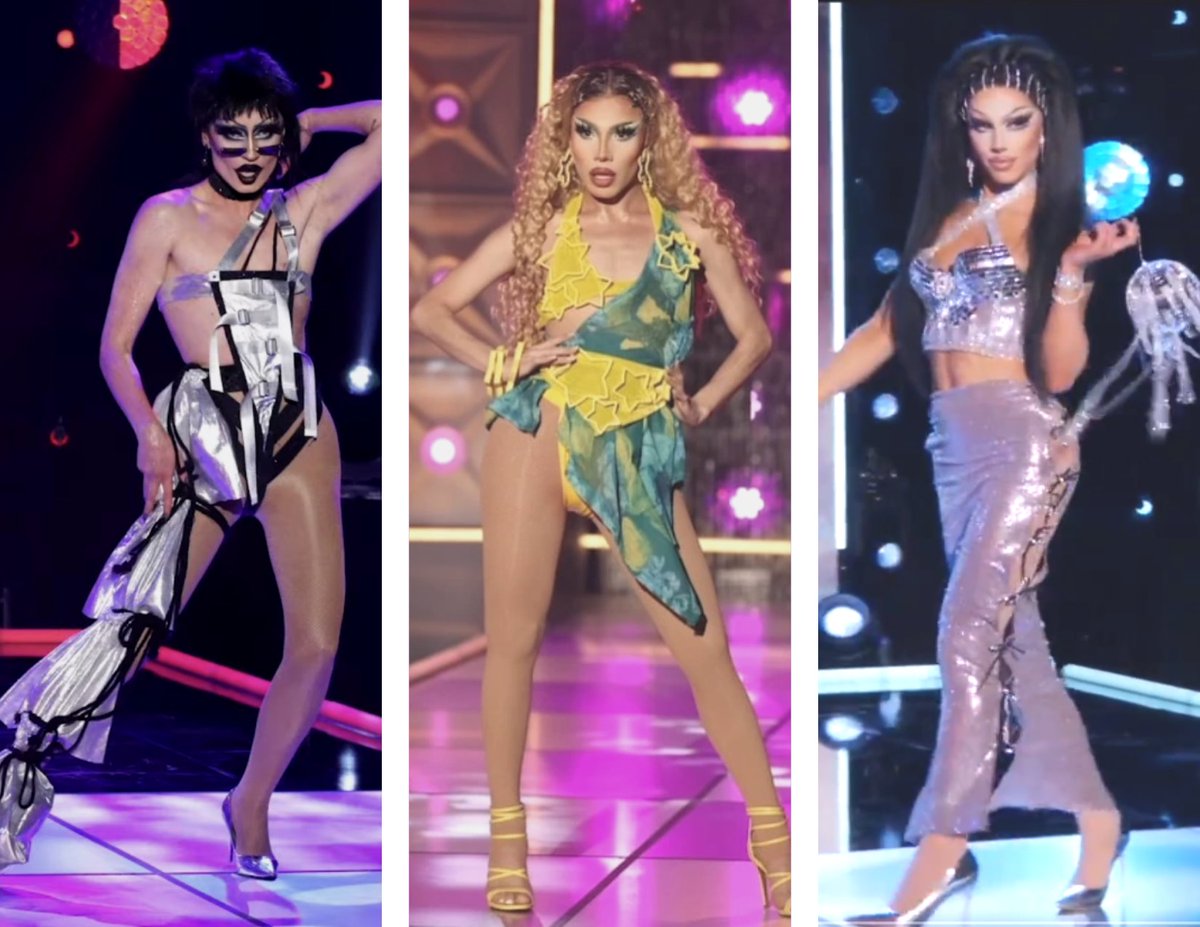 but like, if i told you 2 out of these 3 looks won a design challenge and one of them was sent home because it looked "unfinished" what would be your guess? #DragRace