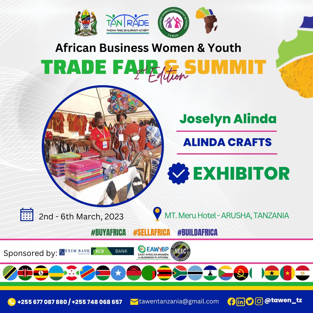 #tradefairandsummit2023  Imebamba 
ABWYS- African Business women and youth trade fair and summit 2023, present’s and recognises some of our Tanzanian exhibitors VIKAPU VYA HAWA,BATIKI,BÉBÉS PRODUCTS AND ALINDA CRAFTS.