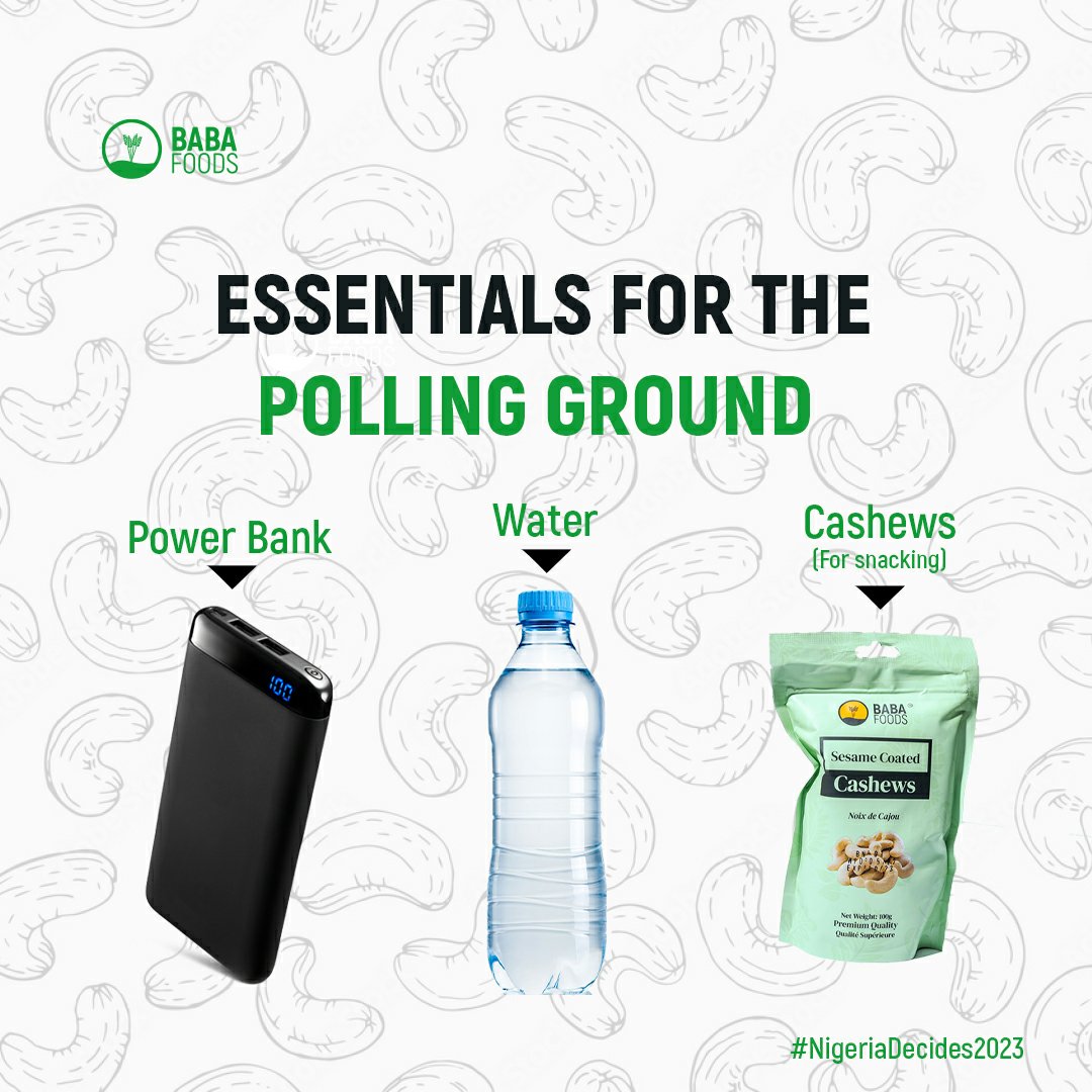 BabaFoodsCashew's tweet photo. As you step out today to perform your civil rights, do not forget your;
- PVC
- PowerBank
- a bottle of water to keep you hydrated
- a pack of your favorite cashewnuts flavor.
Vote not fight, Make Nigeria great again.
#nigeriadecide2023 #babafoods #babafoodscashews https://t.co/7eV1lM0vlY