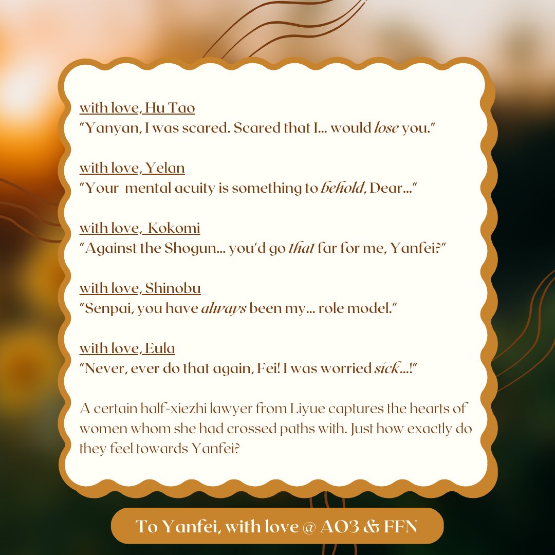 sisypheanwriter's tweet photo. #yanfeiweek Day 6: Yanfei Ships
To Yanfei ⚖
With love,
Your Five Admirers
🦋🎲🐟🥷❄
https://t.co/9wcM1TGSOx
#GenshinImpact #yantao #yanlan #kokofei #kukifei #shinofei #eufei https://t.co/UDmVkz5hu9