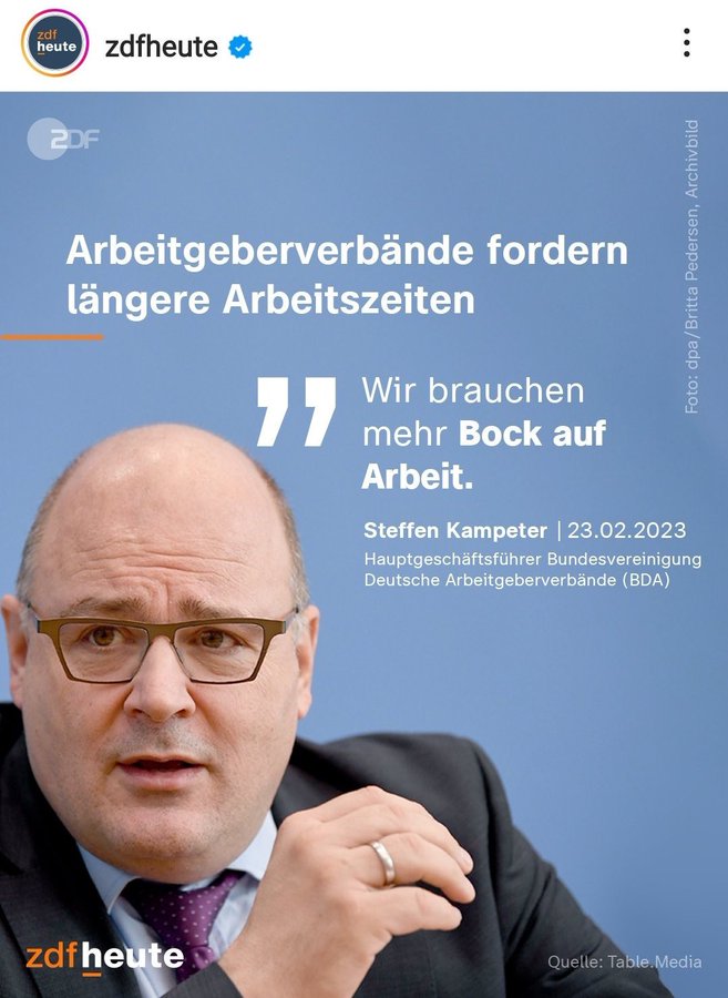 "Mehr Bock auf Arbeit"

Bekomme ich, durch eine gute Bezahlung, ein positives Arbeitsumfeld, kein Druck, kein Stress, gute Aufstiegsmöglichkeiten.

"Mehr Bock auf Arbeit", ist eine Bringschuld, Herr #Kampeter.
#BDA
/PM