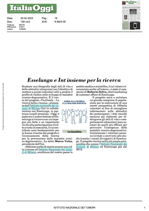 parpinellivo's tweet photo. #Esselunga e @IstTumori insieme per la ricerca con il progetto #YouGoody. L'obiettivo è di individuare gli stili di vita e le abitudini alimentari per mettere a punto indicatori utili a predire il profilo di rischio nello sviluppo delle malattie cronico degenerative. https://t.co/TfPeKMtPzB