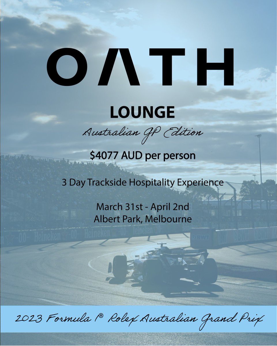 ValtteriBottas's tweet photo. π TICKETS AVAILABLE π
Limited number of O/\TH Lounge tickets now available to purchase for our private trackside hospitality at the 2023 Australian GP! π¦πΊ
For more information and to purchase tickets ‡οΈ
https://t.co/DymEAHlBbO
@oath_gin #oathlounge #thisismyoath https://t.co/dfo1XLKUgB