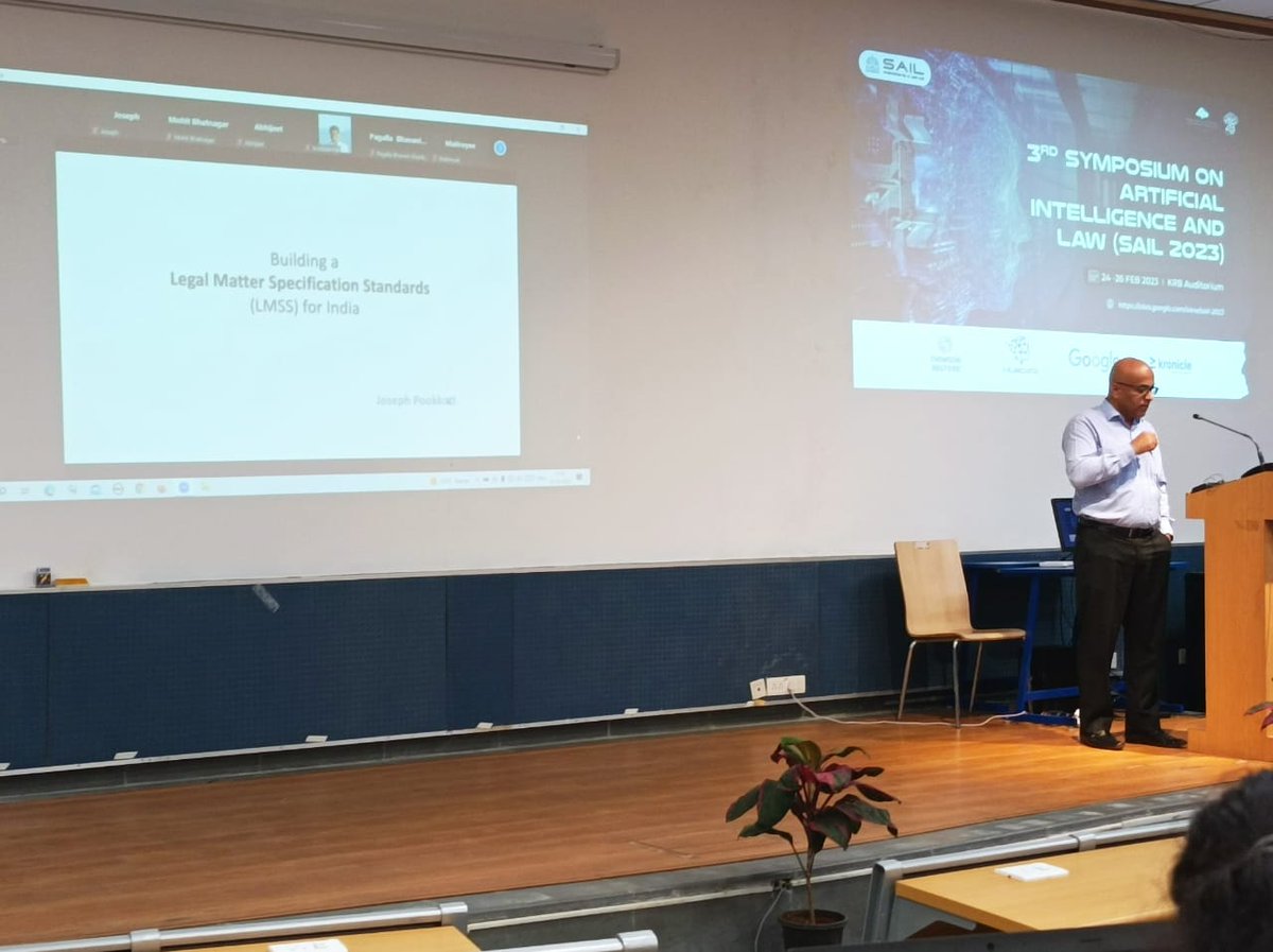 SymposiumAILaw's tweet photo. Talk by Joseph Pookkatt at SAIL 2023 on legal matter specific standard. https://t.co/4LYDx7kXuf