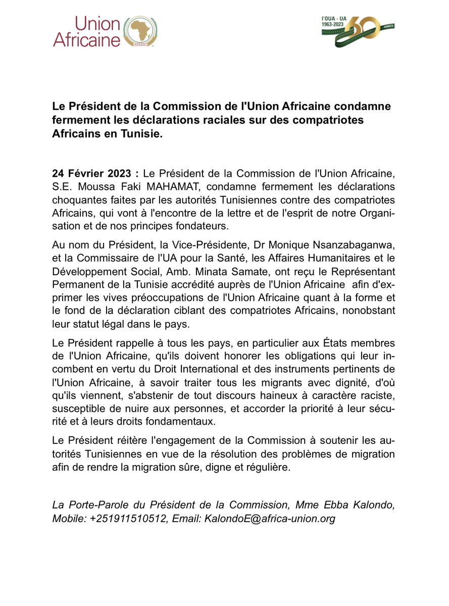 Le Président de la Commission de l'Union Africaine <a href="/AUC_MoussaFaki/">Moussa Faki Mahamat</a> condamne fermement les déclarations raciales sur des compatriotes Africains en #Tunisie.
au.int/fr/pressreleas…