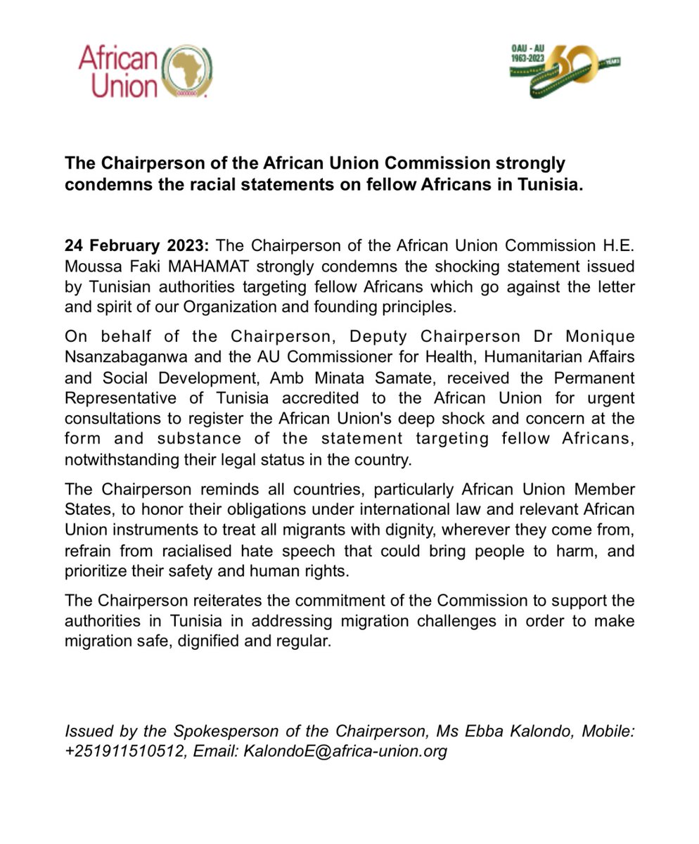 The Chairperson of the <a href="/_AfricanUnion/">African Union</a> Commission, <a href="/AUC_MoussaFaki/">Moussa Faki Mahamat</a>'s statement condemning the racialised statements regarding fellow Africans in #Tunisia: