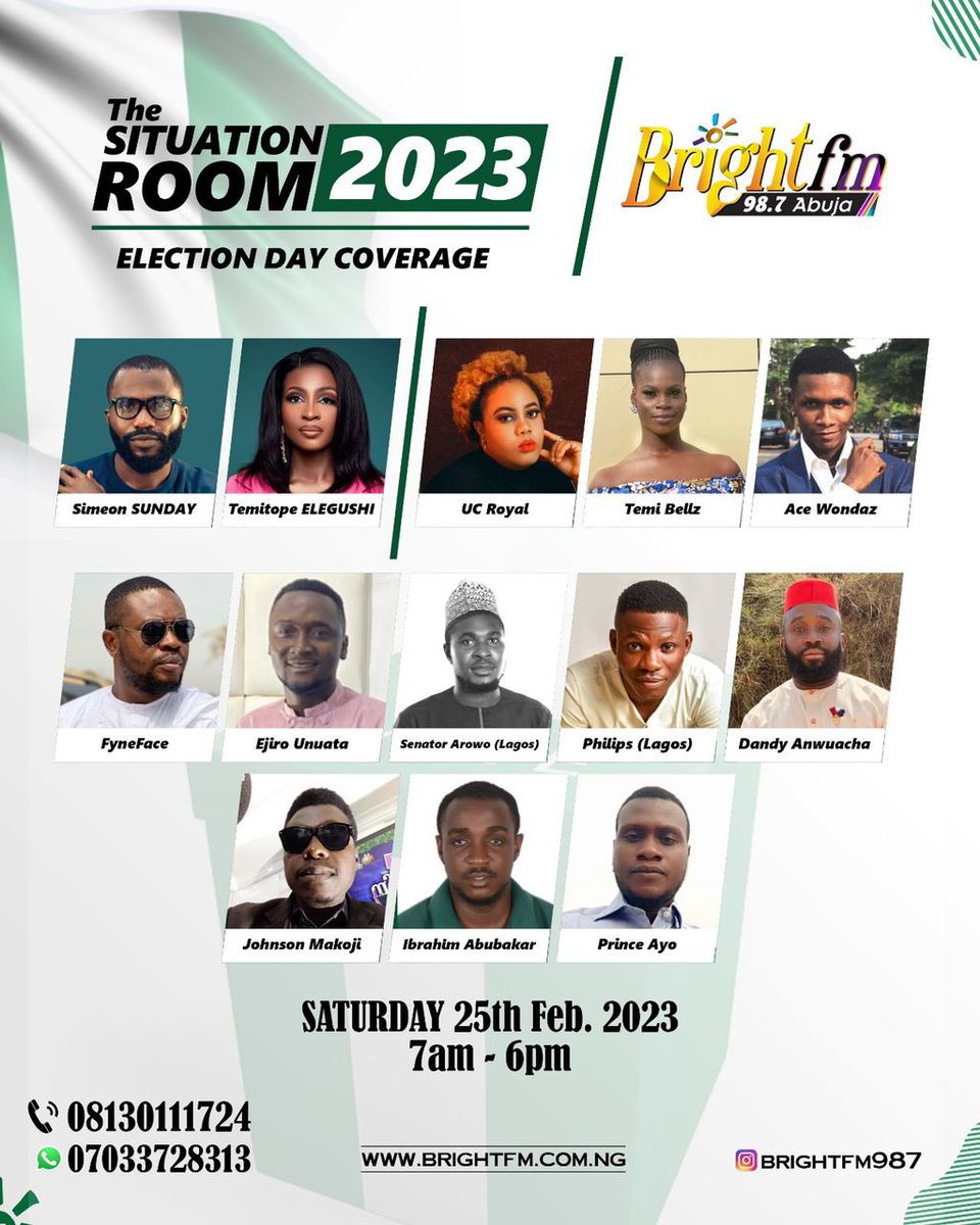Temi_bellz's tweet photo. Don’t forget, you can drop situation  report from your polling unit anywhere in NIGERIA  with us on 07033728313 ( for WhatsApp) and 08130111724 ( for calls) . You can also tune into bright 98.7fm If you’re in the FCT https://t.co/UwmQmb8s3K
