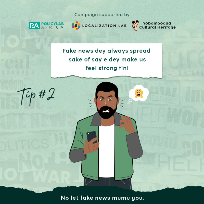 L10nLab's tweet photo. Tip #1: Sabi b4 you share. If pesin tell you sumtin shockin abi scary, you suppose question dem! E dey importanta to ask yourself about di informate wey you see abi hear about di election. Ask yourself: I fit believe dis? If you think say di tori no true, e mean say na so e be. https://t.co/xWD5CBDF0P