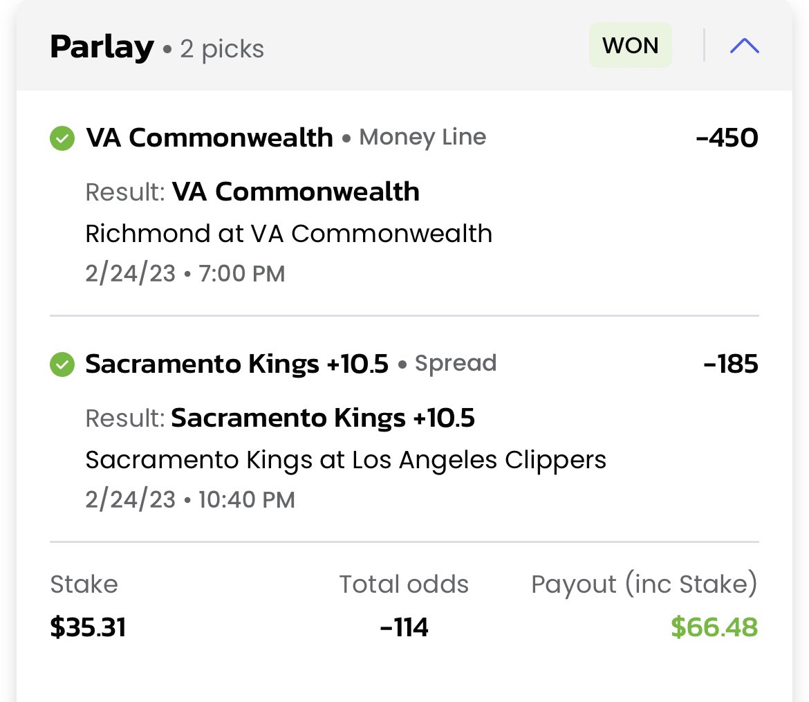 JimmySportPicks's tweet photo. BOOOOOOOOM!

✅ BET 2 of the $20 to $10k Challenge complete.

VCU handles their job fairly easily. But WHAT A GAME from the Kings. Double OT comeback win on the road! On to the next!! 🚌💨

Drop a LIKE ❤️ if you was on it! https://t.co/jSv8y8Utir