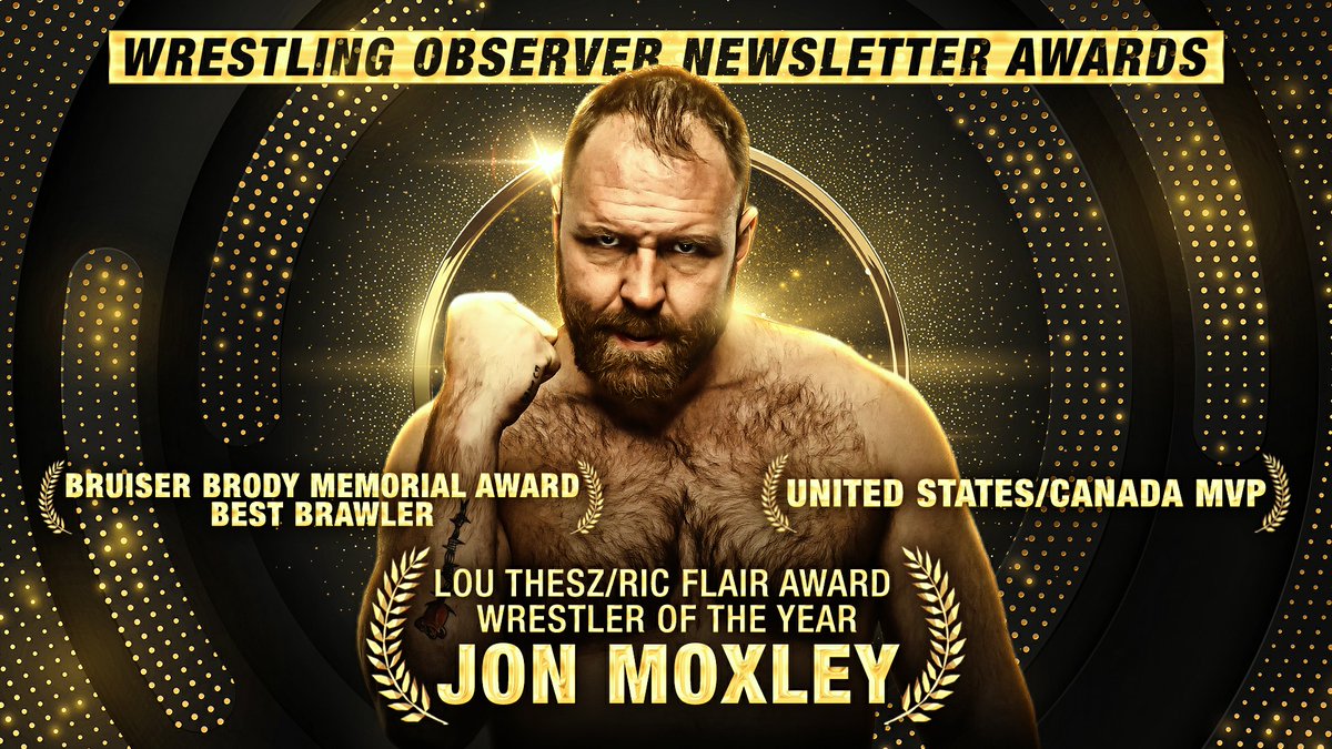 AEW's tweet photo. Congratulations to #AEW's @JonMoxley on being voted as @WONF4W's 2022
• Wrestler of the Year (2-time)
• United States and Canada MVP (2-time)
• Bruiser Brody Memorial Award Winner (3-time) https://t.co/W3LDuzarkJ