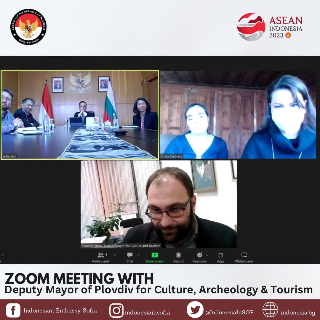 IndonesiaInSOF's tweet photo. Fruitful Zoom Meeting between the Indonesian Embassy in Sofia and Plovdiv Municipality for an exciting Indonesian Festival in the Ancient Theatre Plovdiv this June! 

#inidiplomacy #kbrisofia #indonesiainsofia #indonesianway #indonesianfestival #plovdiv #ancienttheatreofplovdiv https://t.co/6ns8lLWGCJ