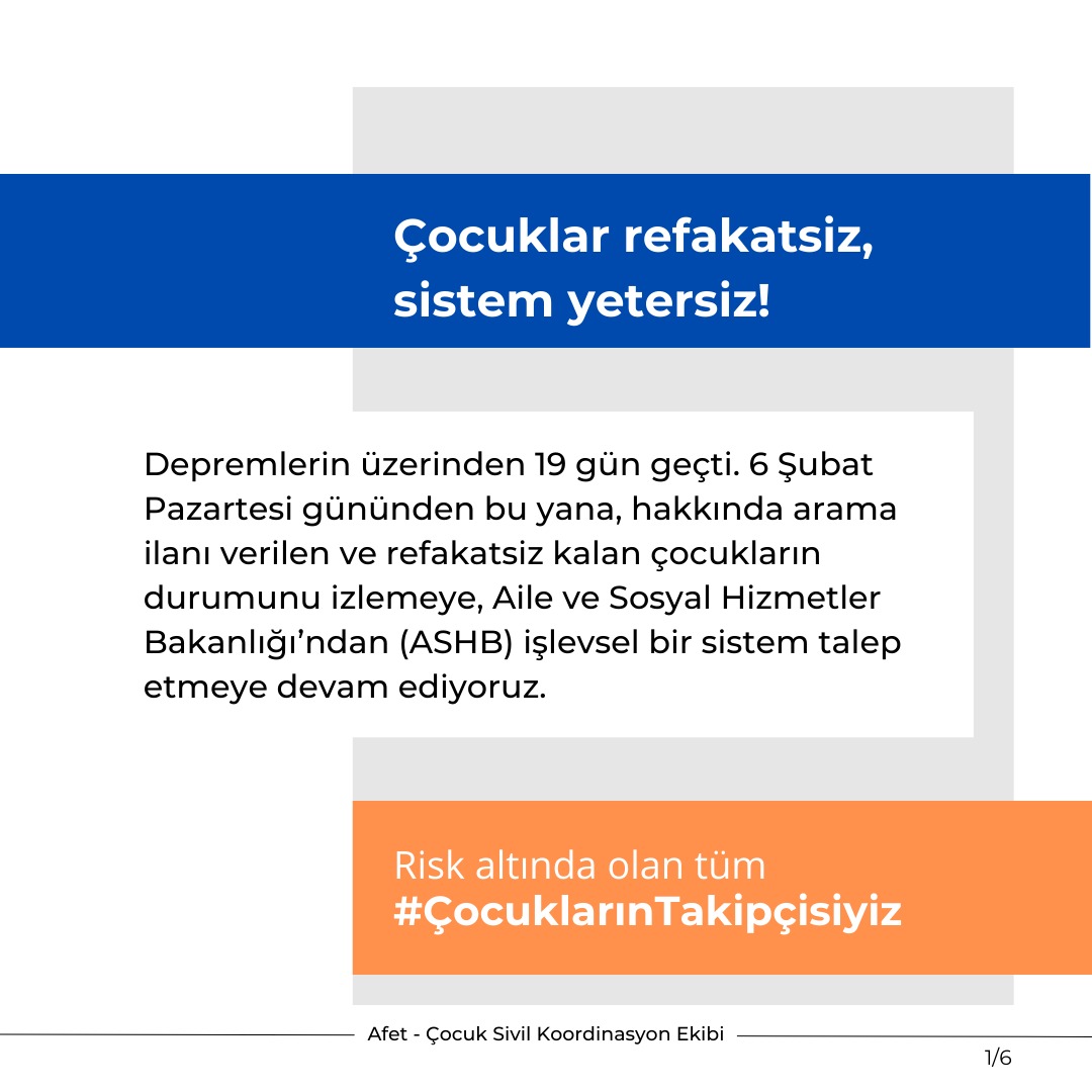 tcyov_official's tweet photo. Çocuklar refakatsiz, sistem yetersiz.

Depremlerin üzerinden 19 gün geçti. 6 Şubat'tan beri hakkında arama ilanı verilen ve refakatsiz çocukların durumunu izlemeye, ASHB'den işlevsel bir sistem talep etmeye devam ediyoruz. 

Risk altında olan tüm  #ÇocuklarınTakipçisiyiz. https://t.co/tAN7UbFE0u