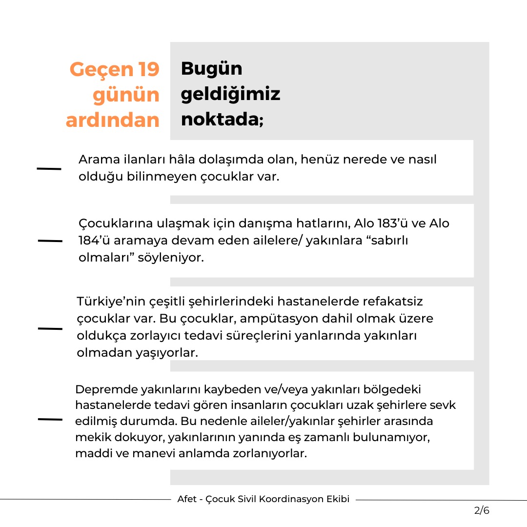 tcyov_official's tweet photo. Çocuklar refakatsiz, sistem yetersiz.

Depremlerin üzerinden 19 gün geçti. 6 Şubat'tan beri hakkında arama ilanı verilen ve refakatsiz çocukların durumunu izlemeye, ASHB'den işlevsel bir sistem talep etmeye devam ediyoruz. 

Risk altında olan tüm  #ÇocuklarınTakipçisiyiz. https://t.co/tAN7UbFE0u