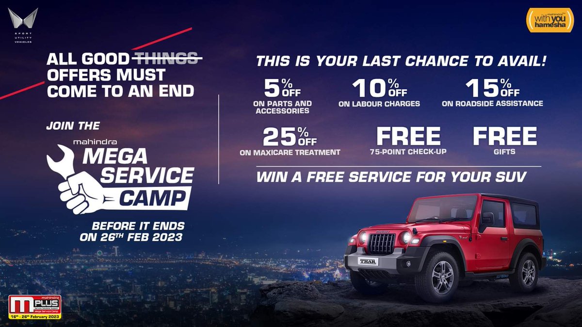 AmplVijayawada's tweet photo. Last chance to avail the mega offers! Mahindra Mega Service Camp ends this Sunday.

Book your service now: 9676462441

#WithYouHamesha #mPlus75 #ChooseOriginal #QWIKService #AutomotiveMahindraVijayawada #Vijayawada #Bezawada #AndhraPradesh https://t.co/mJI1vnKUGB