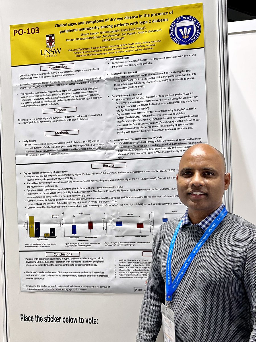 Glad to present our poster on diabetes and dry eye disease at  #APAO2023. Thanks to everyone who stopped by my poster presentation and really appreciate for your wonderful comments <a href="/APAOphth/">APAO</a> <a href="/MMarkoulli/">A/Prof Maria Markoulli</a> <a href="/UNSWoptomvsci/">UNSW School of Optometry and Vision Science</a>