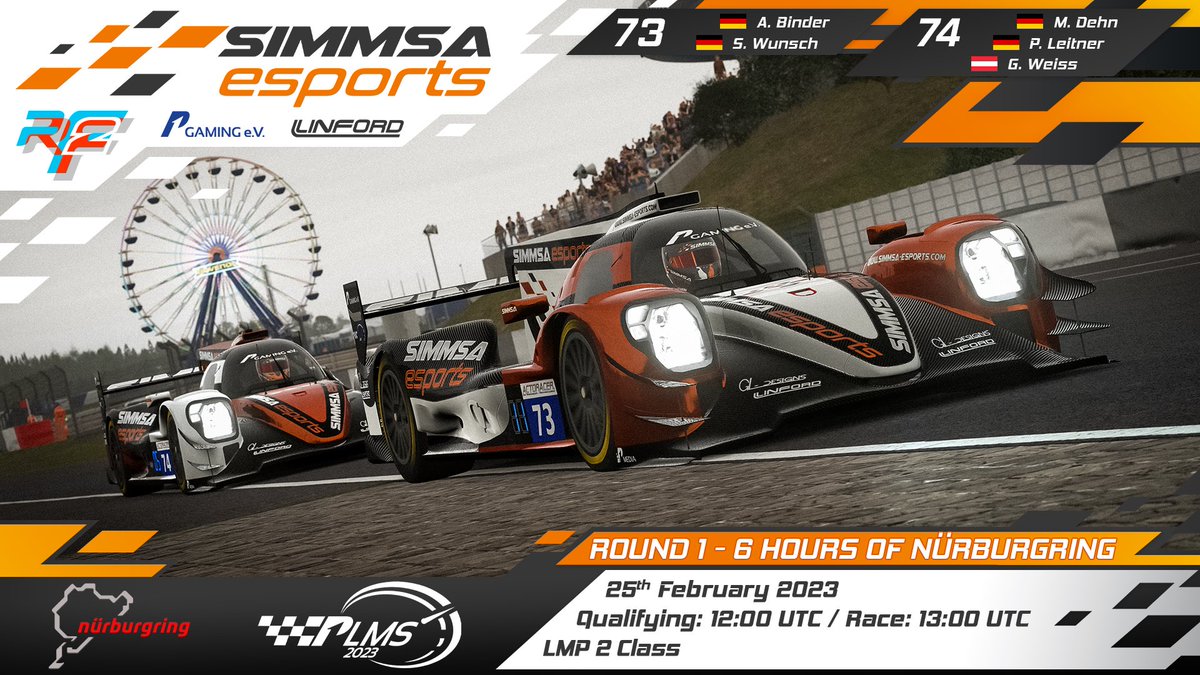SIMMSA_Esports's tweet photo. Finally, first race of the season! Round 1 at the Nรผrburgring today in a 6 hour endurance event.
We are entering with two Oreca 07 LMP2 vehicles, driven by:
#73
A.Binder ๐ฉ๐ช
S.Wunsch ๐ฉ๐ช
#74
M.Dehn ๐ฉ๐ช
P.Leitner ๐ฉ๐ช
G.Weiss ๐ฆ๐น
#endurance #GLDesigns #LMP2 #rfactor2 #p1gaming https://t.co/QSd1YaPEZf