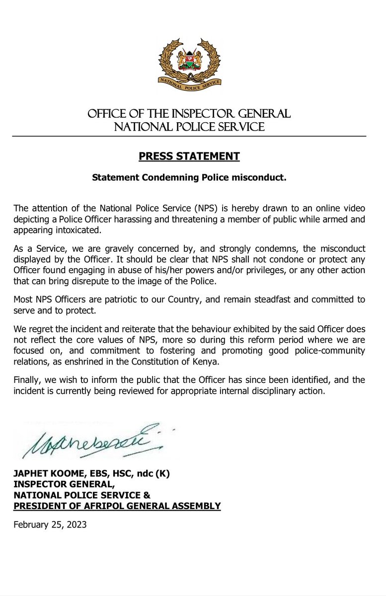 PRESS STATEMENT 
Statement condemning police misconduct