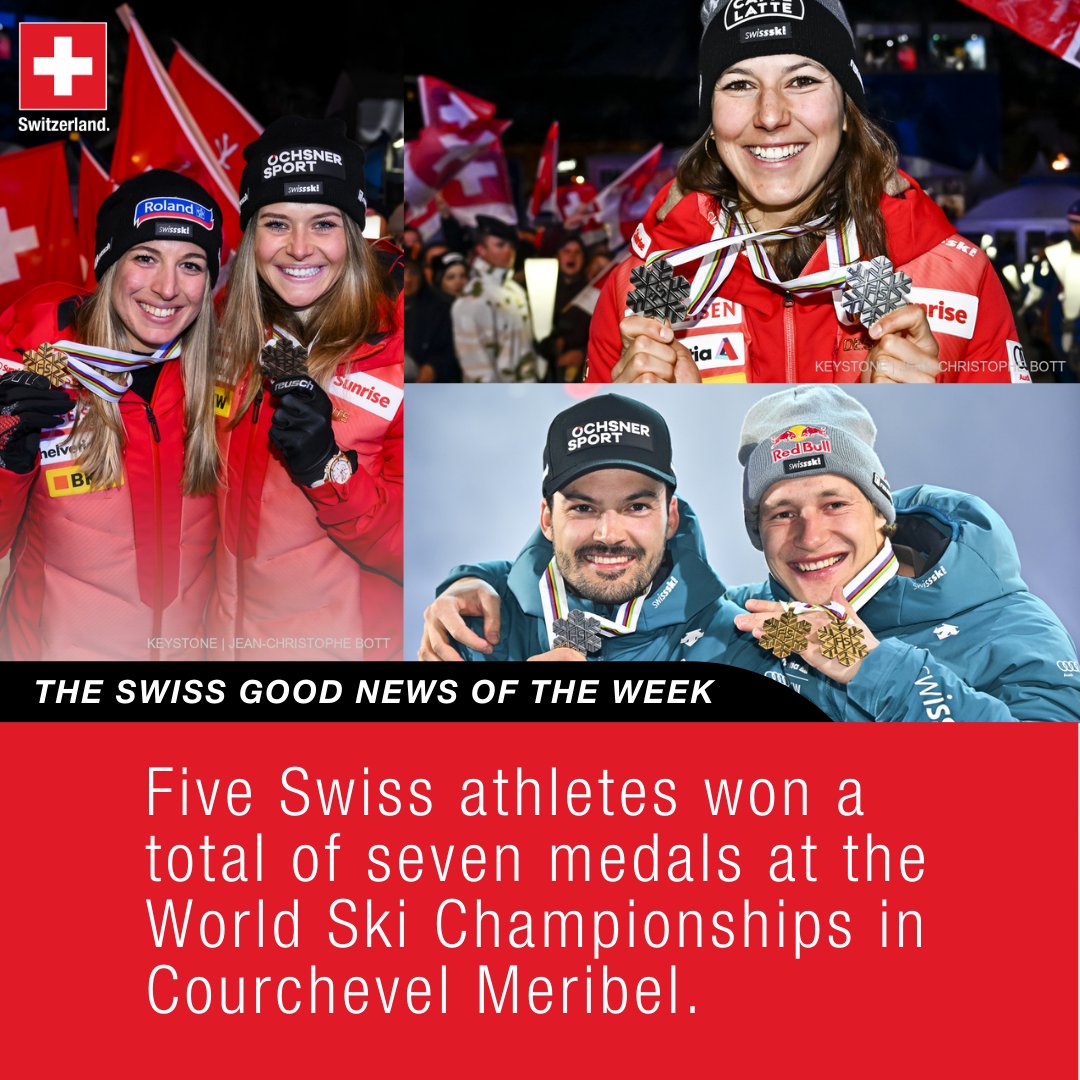 The @CM_2023 Alpine Wolrd Ski Championships ended last Sunday with a total of 7 medals won by #Switzerland!
Congratulations Marco Odermatt 🥇🥇, Jasmine Flury 🥇, @WendyHoldener 🥈🥈, @loicmeillard 🥈 and @CorinneSuter 🥉
@swissskiteam #courchevelmeribel2023