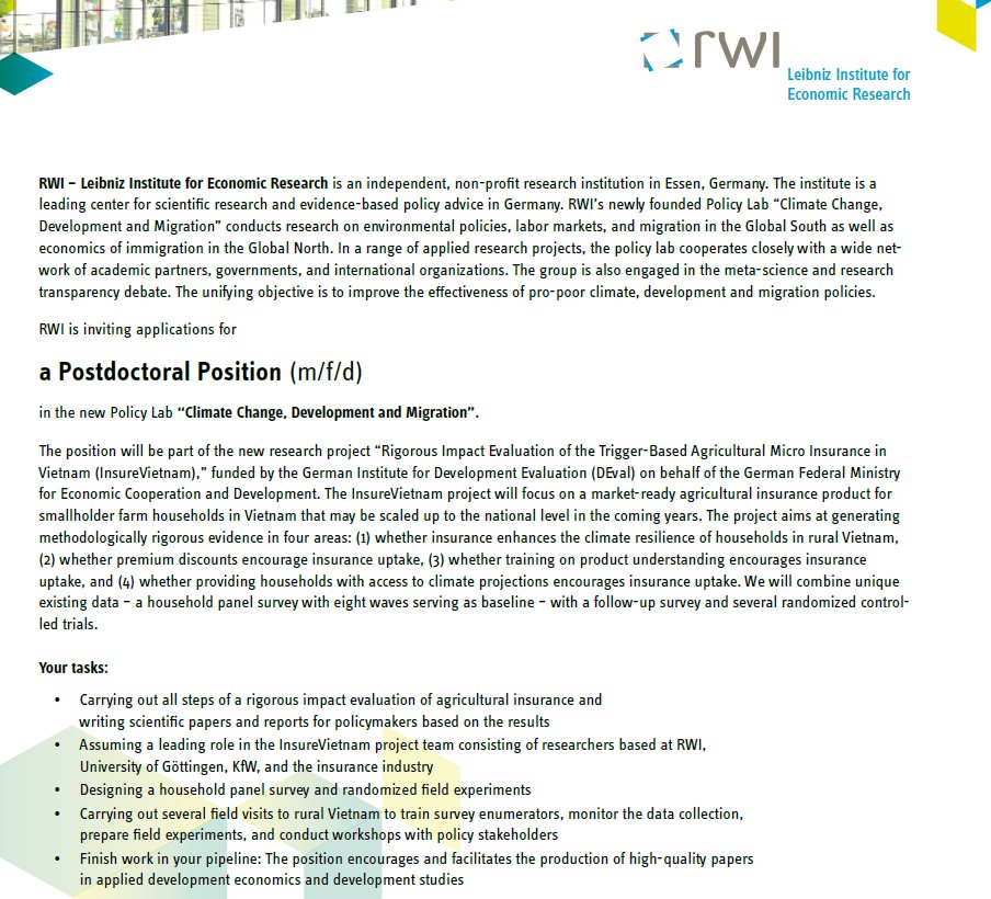 Jörg Ankel-Peters (@jrgptrs) on Twitter photo Come join our group for a 3-yrs PostDoc <a href="/RWI_Leibniz_en/">RWI Leibniz Institute</a> - to work on large-scale evaluation of micro-insurance & climate change resilience program in Vietnam. Part of @DEval_Institute's ambitious endevour to foster rigorous evalutions in German DevCoop. bit.ly/3ZmAeIe Come join our group for a 3-yrs PostDoc <a href="/RWI_Leibniz_en/">RWI Leibniz Institute</a> - to work on large-scale evaluation of micro-insurance & climate change resilience program in Vietnam. Part of @DEval_Institute's ambitious endevour to foster rigorous evalutions in German DevCoop. bit.ly/3ZmAeIe