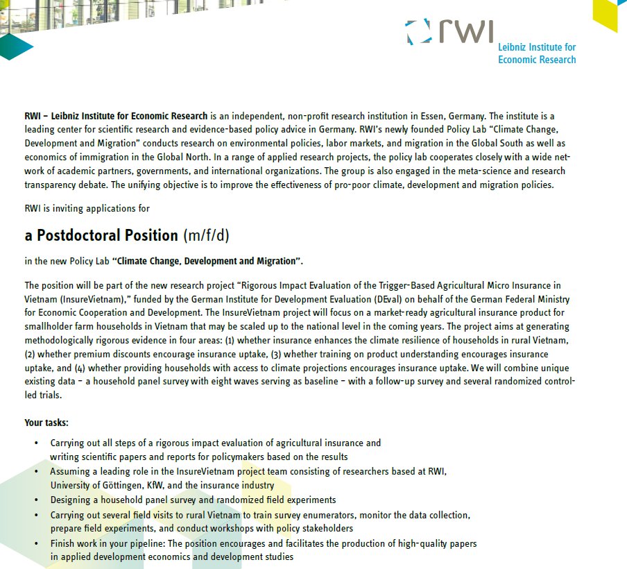 Come join our group for a 3-yrs PostDoc @RWI_Leibniz_en - to work on large-scale evaluation of micro-insurance & climate change resilience program in Vietnam. Part of @DEval_Institute's ambitious endevour to foster rigorous evalutions in German DevCoop. bit.ly/3ZmAeIe