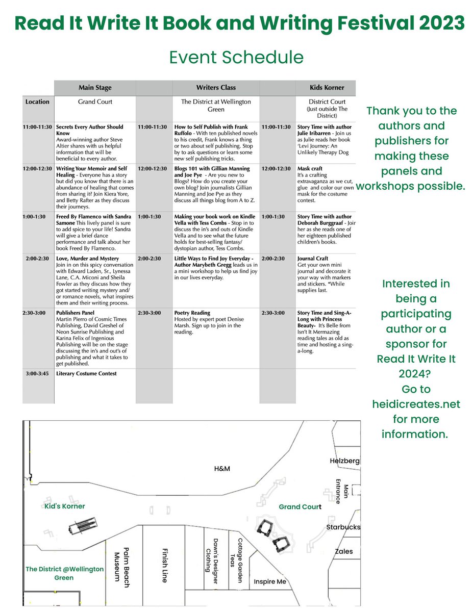 readitwriteitfl's tweet image. Stop by The Mall At Wellington Green at 11:00 A.M. Thank you again to our sponsors: Karina Felix, South Florida Fiction Writers, Pam Ackerson, Nancy Blanton, LM Reynolds, Deen Ferrell, Isn&apos;t it Mermazing and AroundWellington.com. 
#readitwriteit2023 #wellingtonflorida #florida