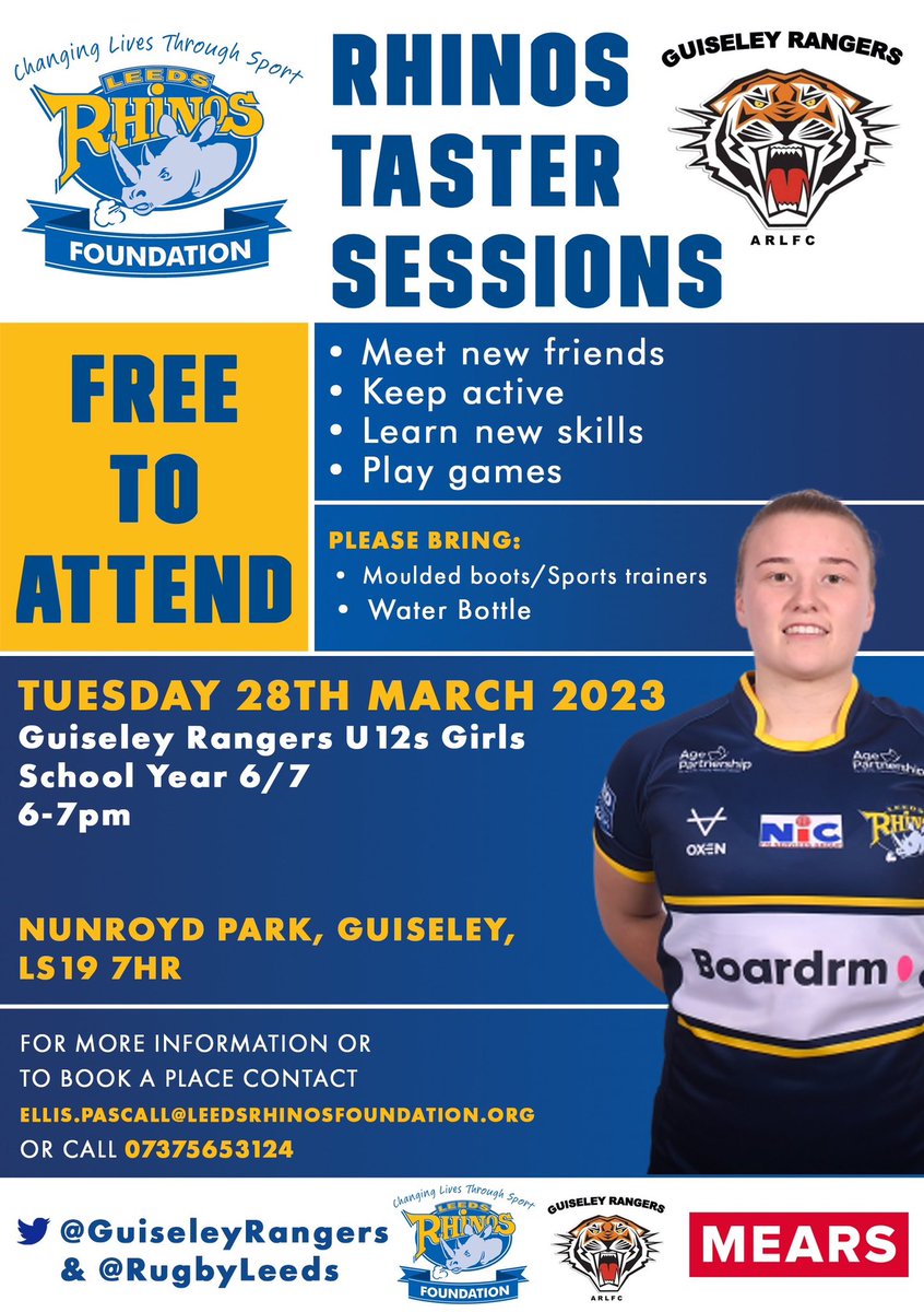 Calling all year 6 and year 7 girls.  Come and join our <a href="/RugbyLeeds/">Leeds Rhinos Foundation</a> free Taster Session on Tuesday 28th March 6pm to 7pm.  Everyone welcome - no rugby experience necessary. <a href="/frangoldthorp1/">Francesca Goldthorp</a> <a href="/eviemcousins/">Evie</a> 😊please rt