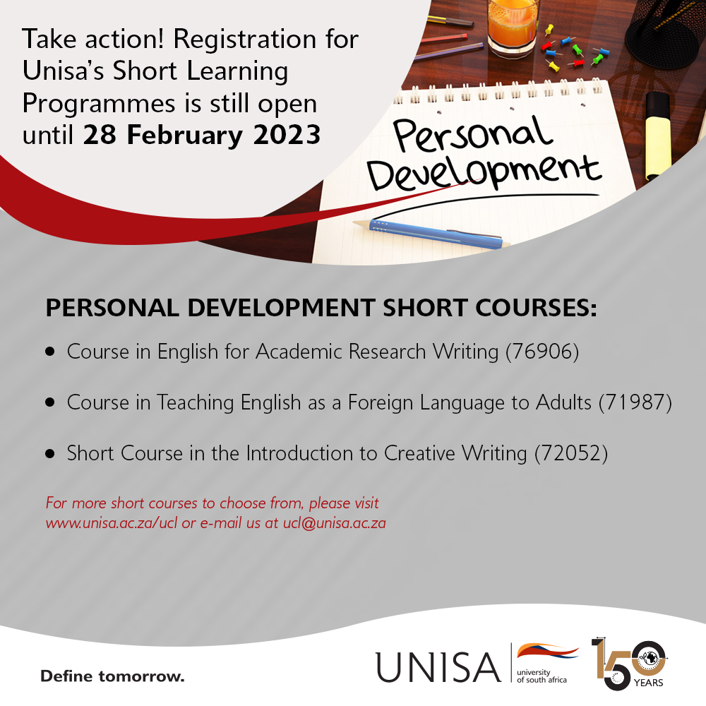 unisa's tweet photo. Personal development is ongoing. Register for a short course online https://t.co/GURNSds2oL
#UnisaSLP https://t.co/fu1S4CFkxP