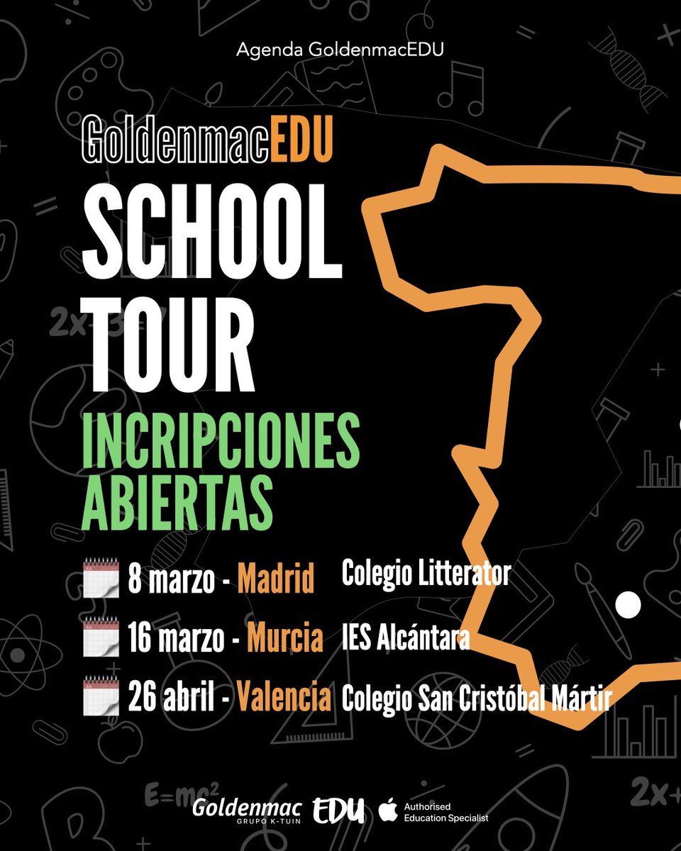 🙌🏽 Apenas dos semanas, para comenzar #goldenmaceduschooltour

Puertas abiertas en las que os mostraremos en el aula cómo la tecnología Apple puede ayudaros en vuestro día a día

🗓️ 8M - MAD - <a href="/colelitterator/">Colegio Litterator</a>  #Appledistinguishedschool 

Inscripción 🔗 mailchi.mp/680f178c3c27/i…