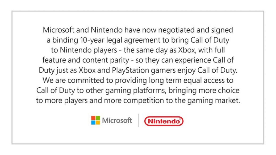 Microsoft announced they’ve signed a deal with Nintendo to bring Call of Duty to Nintendo platforms the same day as it releases on Xbox as part of a 10 year agreement.