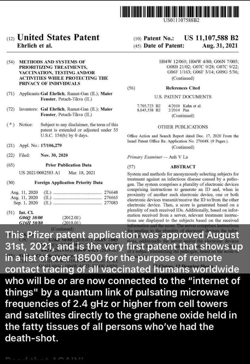 Pfizer patent granted in 2021 is for cellular tower communication with graphene injected humans worldwide.

Pfizer - Patent: 11107588b2 (patents.google.com/patent/US11107…)
 NOW WE KNOW! 👌