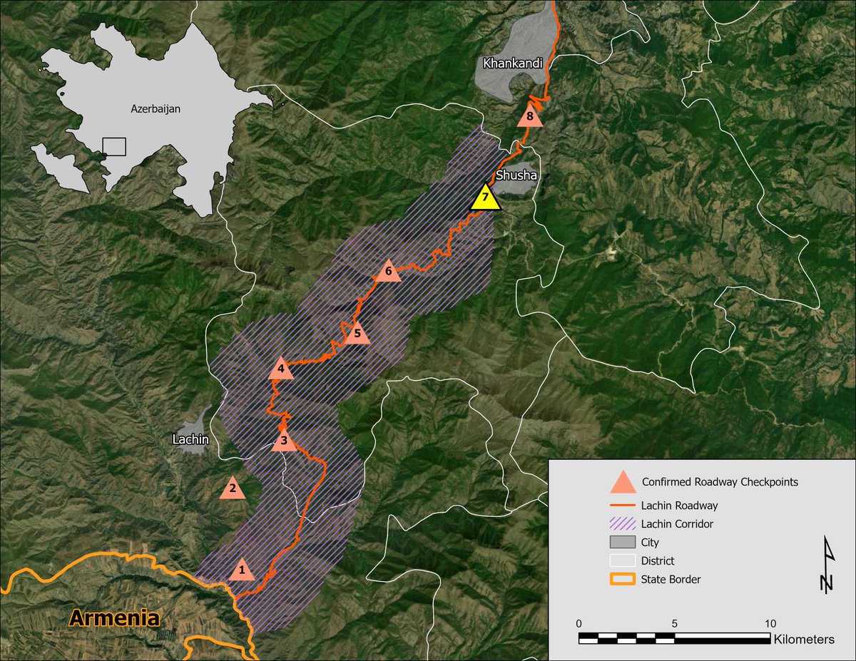 rahman2609m's tweet photo. For those who never understood ⁦ICJ’s decision, here is the map showing that 🇦🇿i protesters stand only at 1️⃣ of 8️⃣ checkpoints on #LachinRoad. 🇦🇿 was ordered to take the measures which are “at it’s disposal”, since it’s 🇷🇺 p/keepers who control the traffic through c/ps 1-6, 8 https://t.co/ecCINn4mwu