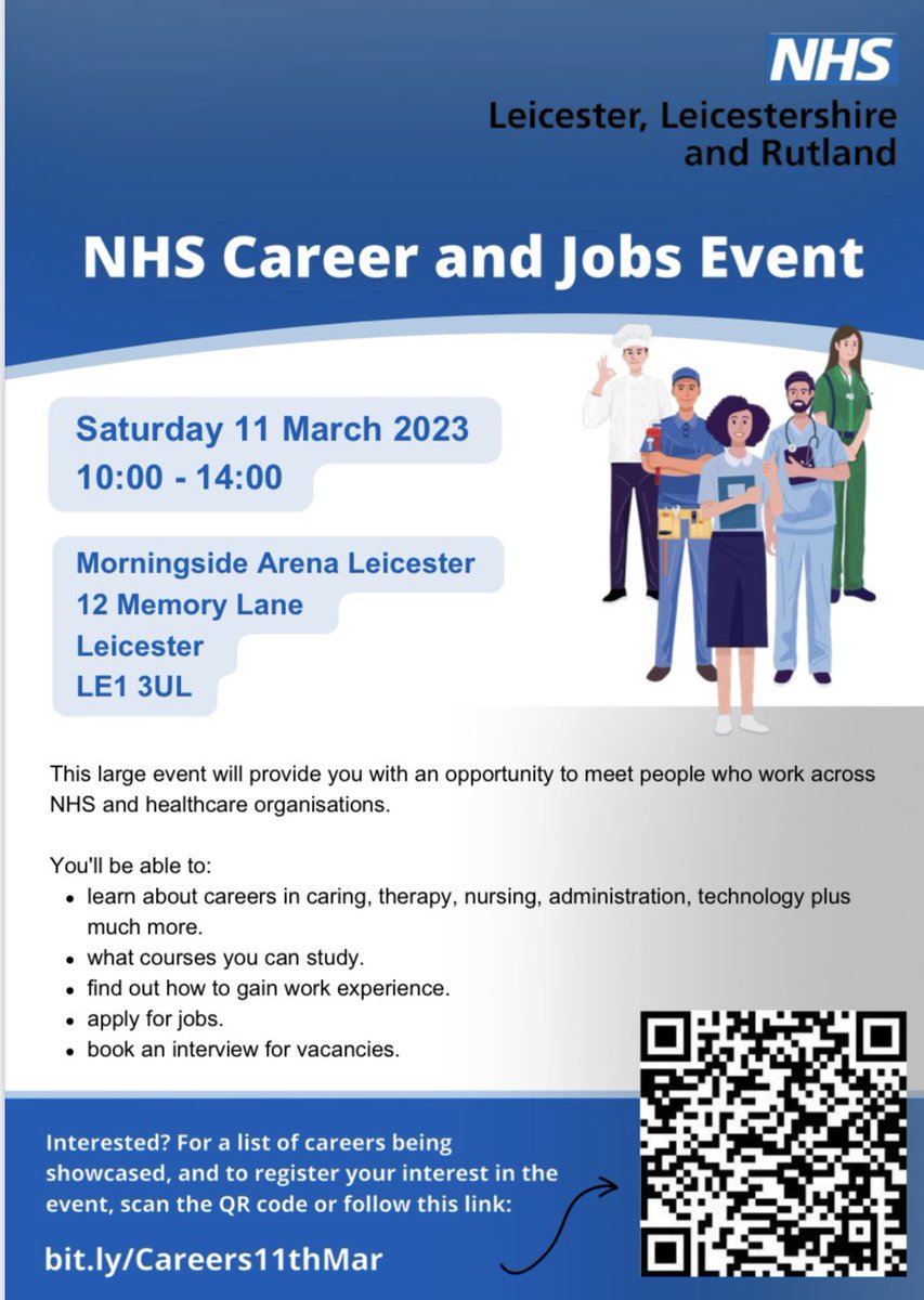 2 weeks to go! #NHS Careers Event. Jobs from all over the #leicestershire &amp; #leicester being showcased. 60+ stands and NHS staff ready to talk about careers &amp; job opportunities
