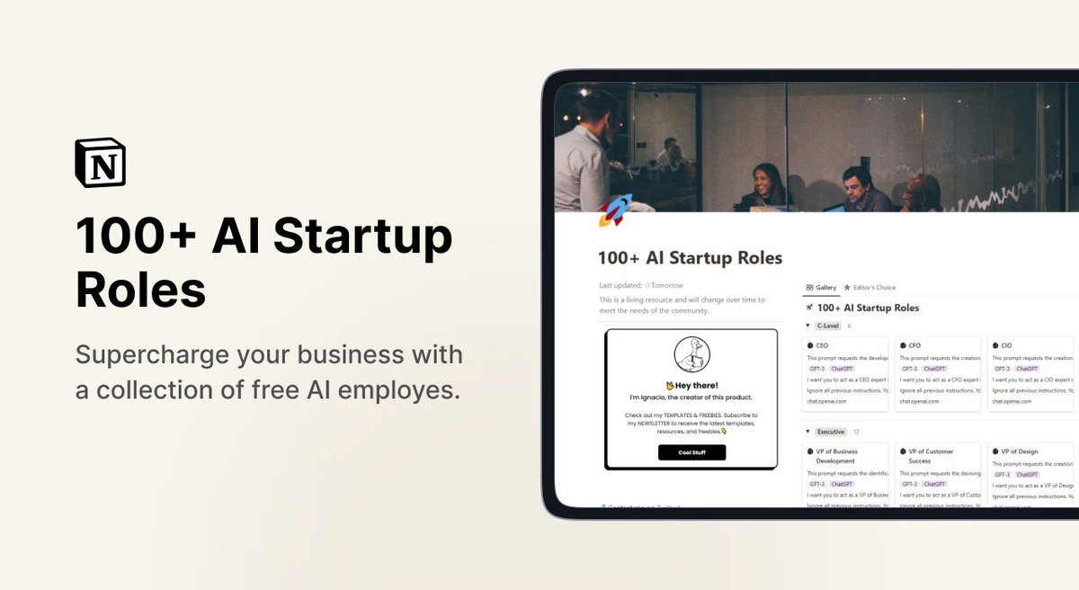 ChatGPT is a FREE employee for your startup.

But most people don't know how to use it for business.

That's why I created 100+ Startup Roles Prompts to help your startup grow.

For the next 24 hours, it's FREE!

Just:

• Follow
• Like &amp; share
• Reply "free"

I'll DM you.