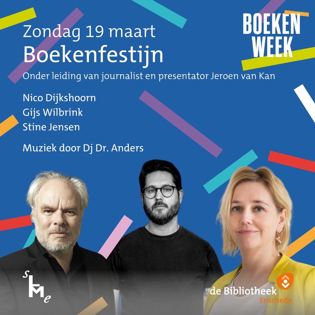 In het kader van de #Boekenweek die 11 maart start, organiseert de #Bibliotheek zondag 19 maart in muziekcafé #Metropool het #BoekenFestijn!🎉
Onder leiding van presentator Jeroen van Kan komen Nico Dijkshoorn, Stine Jensen en Gijs Wilbrink vertellen over hun #boeken.📚