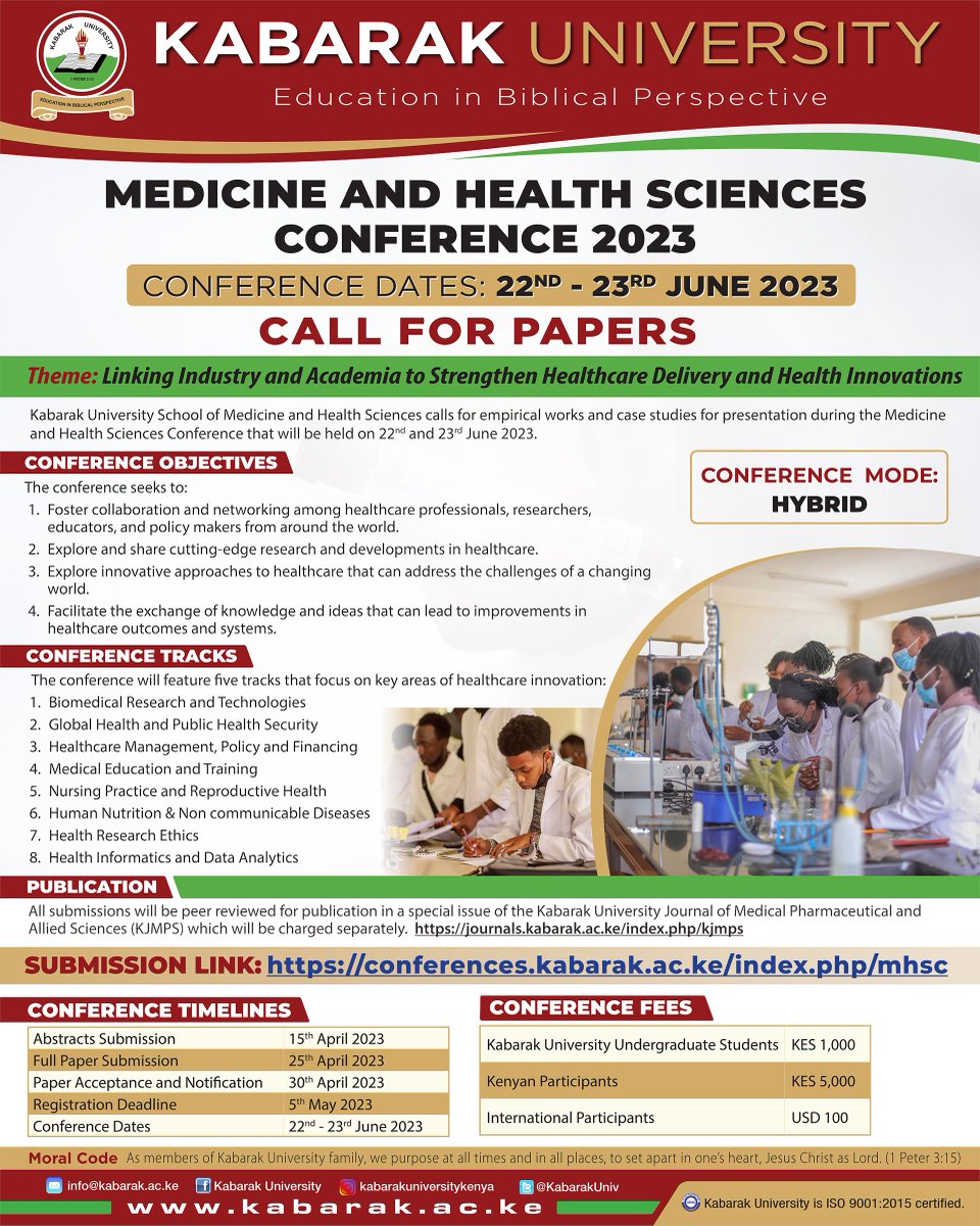 Be a part of the 2023 Medicine and Health Sciences International Conference at <a href="/KabarakUniv/">Kabarak University</a>. Submit your paper to our Call for Papers and make an impact! 

#CFP2023 #conference #medicine #SMHS #HealthSciences