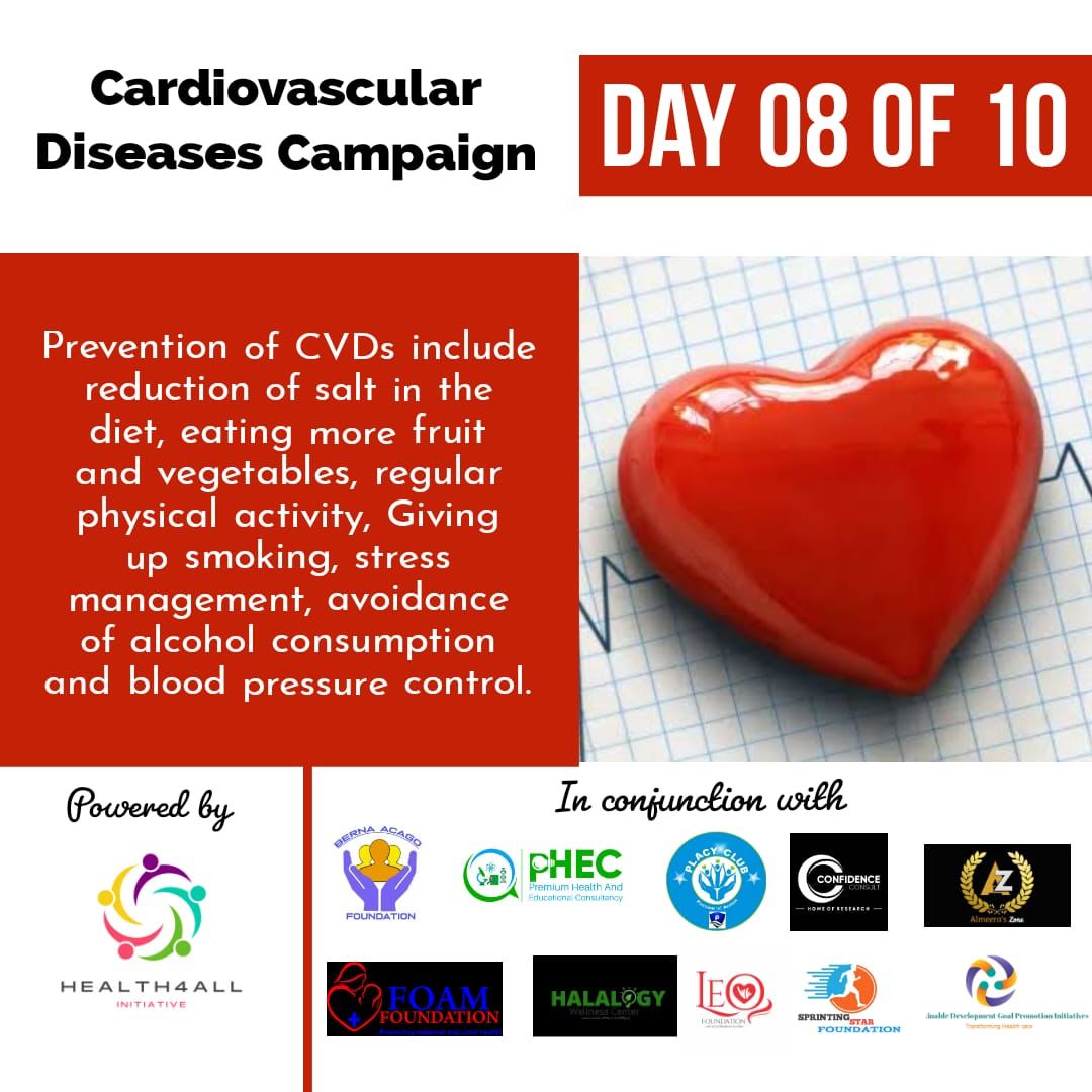 allhealthone's tweet photo. Cardiovascular Diseases Awareness

Day 08 of 10

Prevention of CVDs include reduction of salt in the diet, eating more fruit and vegetables, regular physical activity, Giving up smoking, stress management, avoidance of alcohol consumption and blood pressure control. https://t.co/wp8N4WnJys
