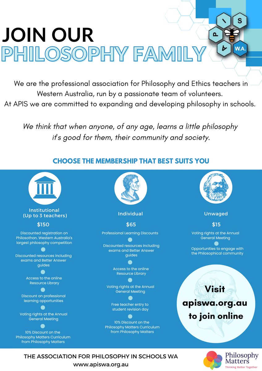 APISinc's tweet image. Relaunching our membership for 2023- with member benefits including a NEW discount from the people at Philosophy Matters! Join today at apiswa.org.au and join our Philosophy family..#P4C