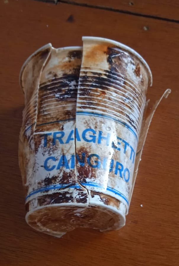 Plastic cup from ‘Traghetti Canguro’ (Canguro ferries ⛴️) found in the net during fishing activities! Nothing new or special,really.. it’s just that Traghetti Canguro were dismissed at least 40 years ago! What a durable material! #FLAGS project #marinelitter #plastic #fishermen