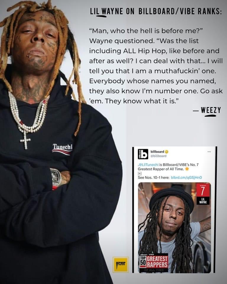 BobbyakaMr511's tweet photo. Lil Wayne believes he should’ve been #1 on Billboard’s Top 50 Rapper’s list. Thoughts?? https://t.co/VhfELJfX0L