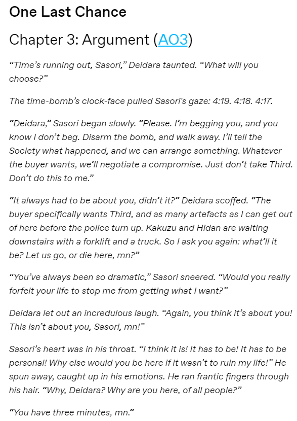 justblonde_fics's tweet photo. #SasoDeiWeek2023 Day 4: Arguments!
One Last Chance, Ch. 3 is here: https://t.co/vOtl2G6mbp
Ch. 1 is here: https://t.co/B8bSQuJM19
#sasori #Deidara #SasoDei #DeiSaso #SasoDeiWeek
#サソリ #デイダラ #サソデイ #デイサソ #芸術コンビ https://t.co/unrTpdrouz